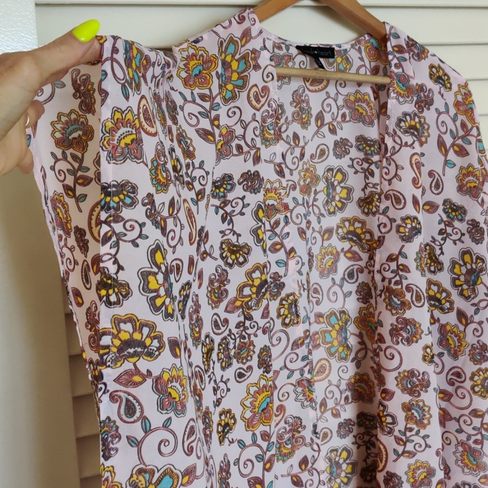Derek Heart Kimono Wrap Beach Swimsuit Cover Up Paisley Floral Pink - Picture 5 of 7